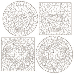 Obraz premium Set of contour illustrations in stained glass style with shrimps on a background of water and air bubbles, dark contours on a white background