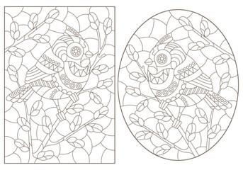 A set of contour illustrations of stained glass windows with birds on branches, dark contours on a white background