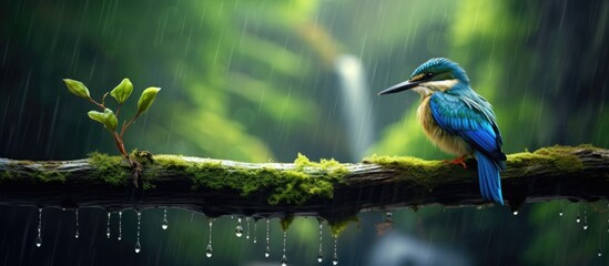 background of a lush green setting, water cascades from a serene waterfall, blending seamlessly with the beauty of nature surrounding it. A vibrant bird, with its colorful feathers, perches gracefully