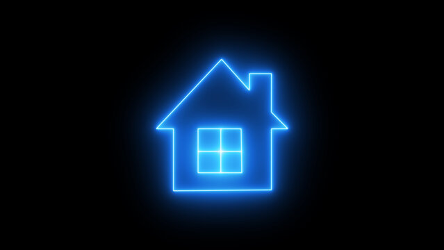 Glowing blue neon home icon, shiny symbol. homepage neon light icon. House, home building. Glowing House simple icon, sign. Neon home panoramic. Social media communication concept