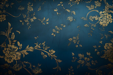 Close up of old gold and blue baroque style wallpaper