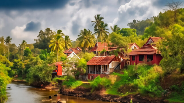 illustration of colorful India village in tropical South India , Generative AI image.