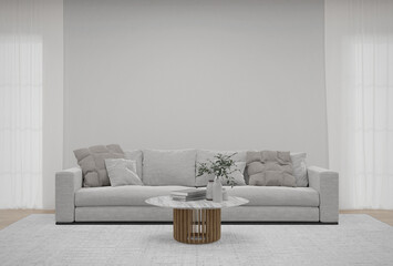 Empty white wall  with sofa and carpet on wooden floor. 3d rendering of interior living room.
