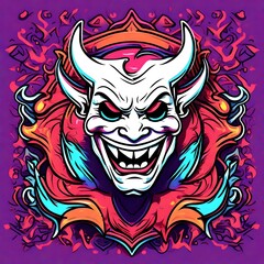 Obraz premium cartoon vector style t-shirt art of a devil laughing, bright neon colors