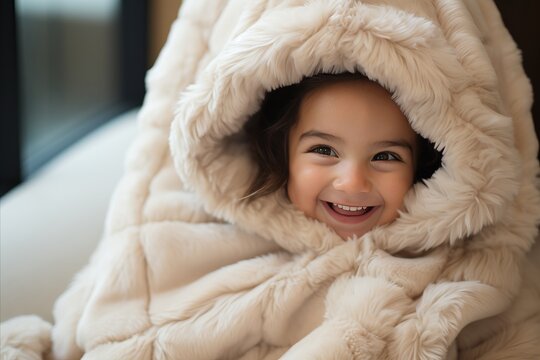 Warm and Snuggly. Beautiful Portrait of a Child Wrapped in a Soft and Fluffy Blanket