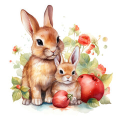 Cute mom and baby rabbit, fruits with flower Illustration, Generative Ai