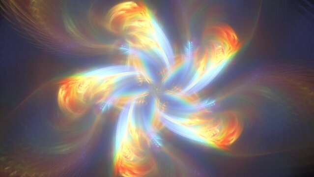 Glowing fluids revolving, converging to center, combining, changing shapes, colours, position, forming floral design. Abstract surreal colorful flowers transformation on dark. 4K UHD 4096x2304
