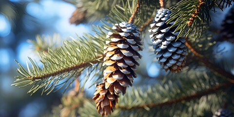 Enchanting Evergreen Elegance: Spruce Branches with Cones,Festive Foliage,Spruce Branches, Cones, and Holiday Charm background generative ai
