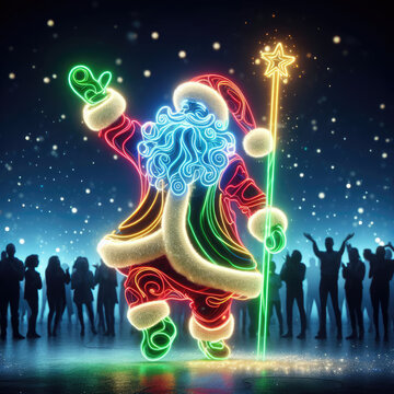 A neon Santa dancing on New Year's Eve while people watch and cheer him on. Imaginative and beautiful image of Santa Claus with a magic wand, people's happiness in the new year