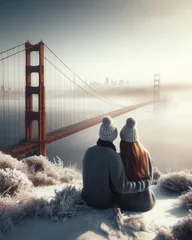 Poster Boy and girl in love sit next to each other on a snowy winter day in front of the Golden Gate Bridge in San Francisco and look at this tourist bridge, romantic long shot image © marketing