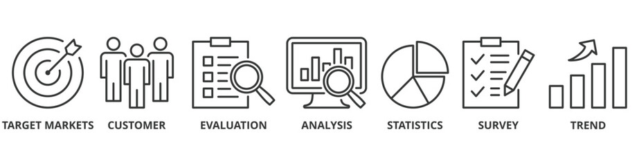 Market research banner web icon vector illustration concept with icon of target markets, customer, evaluation, analysis, statistics, survey and trend