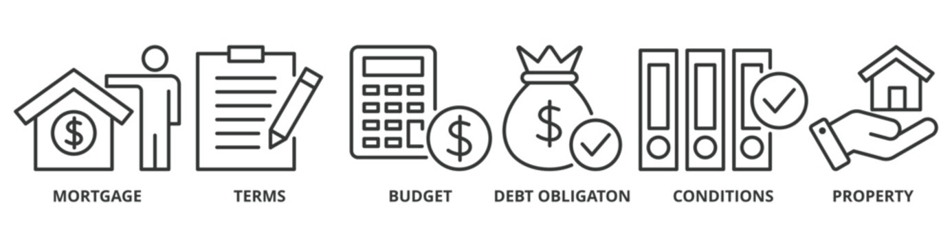 Refinance Banner Web Icon Vector Illustration Concept With Icon Of Mortgage, Terms, Budget, Debt Obligation, Conditions And Property