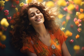 Naklejka premium A heartwarming snapshot of a woman at peace with herself, her smile conveying inner happiness, as she embraces the vibrant colors of summer at home