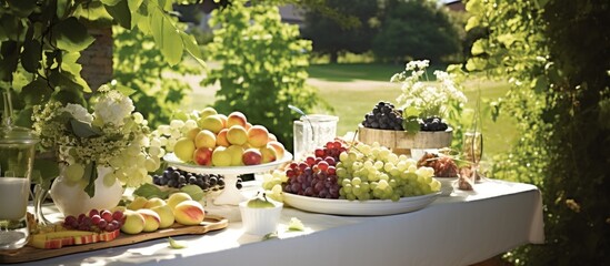 In the midst of nature's lush green embrace, an elegant white table was set for a summer party, adorned with a vibrant spread of fruits like crisp apples and black berries. The warm light accentuated