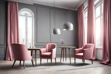 Empty room modern classic interior with gray walls, pink armchairs, table, curtain and window