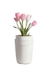 Blushing Blooms: Pink Tulips in White Pot - Transparent Background Photo