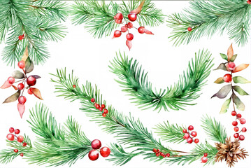 Fototapeta na wymiar Christmas pine tree branches and Christmas festive utensils in flat illustration style