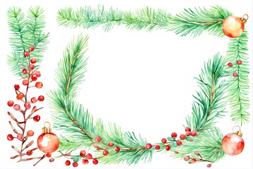 Fototapeta na wymiar Christmas pine tree branches and Christmas festive utensils in flat illustration style