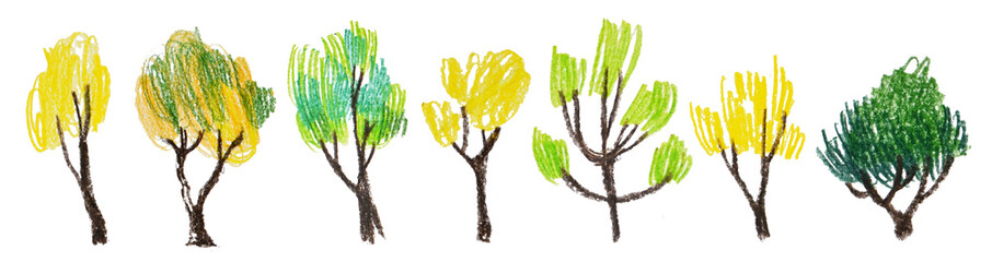 illustration pencil drawing green deciduous trees set children's drawing