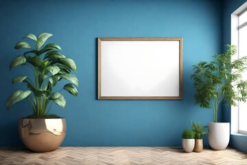 Blue interior with plant and blank picture. 3D illustration