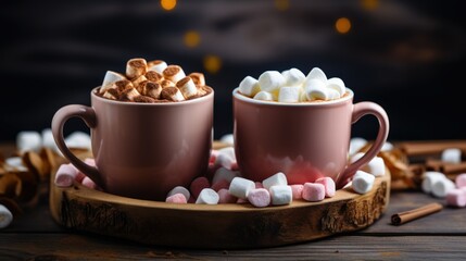 Obraz na płótnie Canvas Two pink or peach fuzz colored cups of hot chocolate with marshmallows on dark background