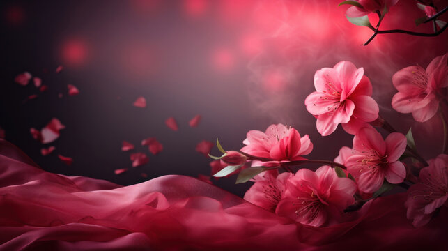 Fototapeta Mockup with flowers and petals on dark red and purple background