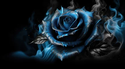 Tuinposter Neon blue rose wrapped in blue smoke swirl on dark background © tashechka