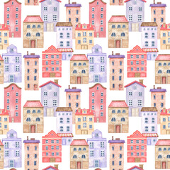 Seamless watercolor pattern with cute houses. Hand drawn pink and violet old and cozy buildings on white background.