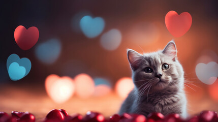 Cute cat on heart shape bokeh background
