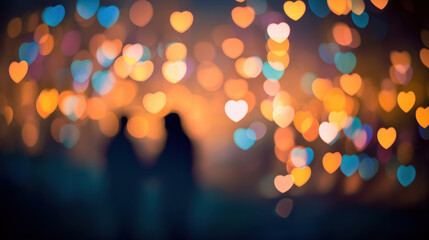 Silhouette of a couple in love with heart bokeh background - obrazy, fototapety, plakaty