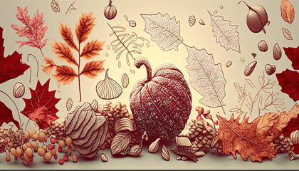 Autumn doodles background season doodle graffiti drawing fun lovely cute leaf tree hot drink chestnut pumpkin butternut customizable nubes hand-made art artistic street green custom original - obrazy, fototapety, plakaty