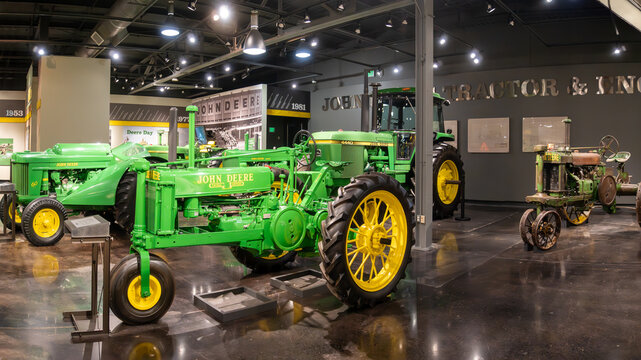 John Deere Tractor and Engine Museum in Waterloo, Iowa. GP tractor (General Purpose, tricycle-front GP, or GP-tricycle), Model 4440 Tractor, and Model 60 Orchard LP. 