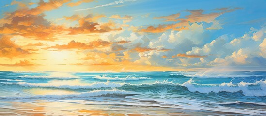 As the sun radiates its warm, golden light upon the tranquil beach, the azure blue of the sea blends seamlessly with the vibrant orange hues painting the sky, reflecting in the sparkling waves