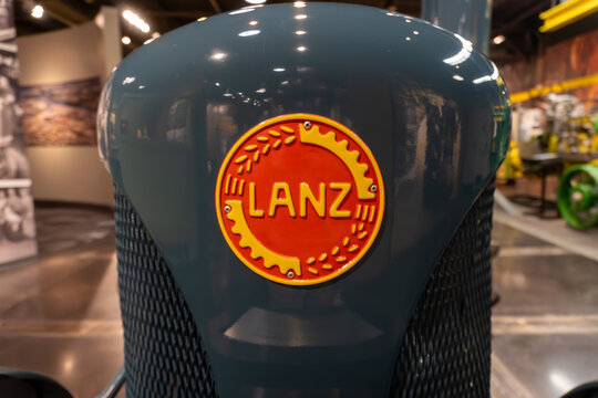 Lanz logo on Lanz Bulldog Model 1616 Tractor. Heinrich Lanz AG manufactured agricultural machinery in Mannheim, Germany. John Deere Tractor and Engine Museum in Waterloo, Iowa. 