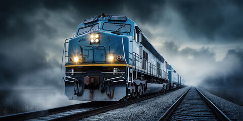Rail tracks carrying a train through an overcast sky - obrazy, fototapety, plakaty