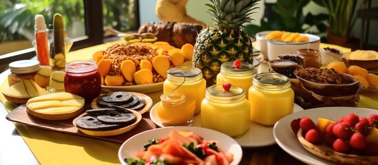 The table was set with a healthy breakfast spread, complete with an array of delicious homemade dishes. The yellow hue of the fresh ingredients added a vibrant touch, making the food look even more