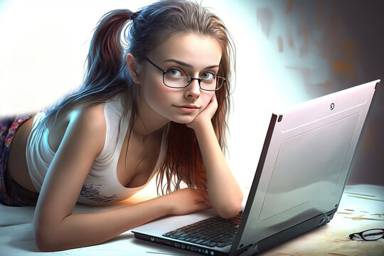 Young girl laptop computer cyberspace woman adult beautiful female white people technology casual attire teenage student electronic mail caucasian isolated beauty clothing hair cheerful relaxation
