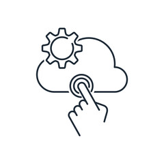 Business man pointing at cloud computing and connected world wide application network.  Works  cloud computer.  Vector linear illustration icon isolated on white background.