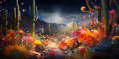 Obraz premium Burst of colors in vegetation near a cacti expanse