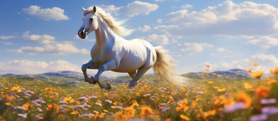 In the enchanting meadow, a beautiful Arabian horse with its purebred lineage galloped gracefully, its coat shimmering in the spring sun, as the Phacelia flowers blossomed and added a burst of color