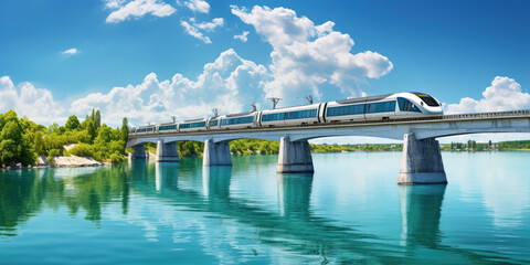 Fototapeta na wymiar A train making its way across a water bridge