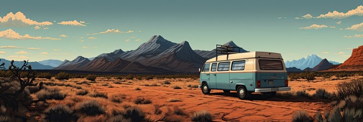 illustration of a van driving down dirt road, generative AI - obrazy, fototapety, plakaty