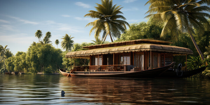 Houseboat gently floating by a riverside palm
