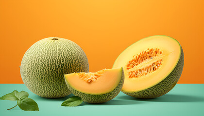  A cantaloupe is cut in half and has a large slice of cantaloupe on the side Honeydew melon green fruit food  A Deep Dive into the Allure of Fresh Cantaloupes AI Generative  