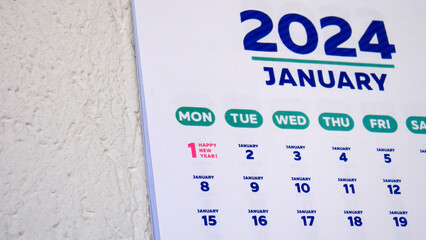 Close-up of the marked calendar New Years date 2024