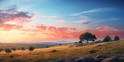 Hilltop view with trees under a splendid sunset sky