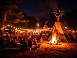Twilight Glow at a Tipi Campsite with Gathered Guests