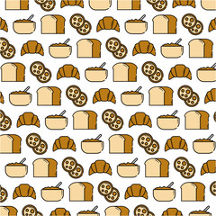 "A pattern of bread and coffee" is a design asset featuring a repeating pattern of bread slices and coffee cups. This asset is perfect for creating food-related graphics  menu designs