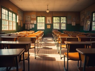 Empty Classroom with Sunlight Casting Warm Hues