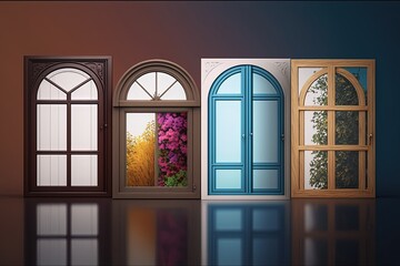 Windows doora fferent types window door construction building house design architecture glasses wood home white frame industrial plastic installation bow casement background wooden awning fixture